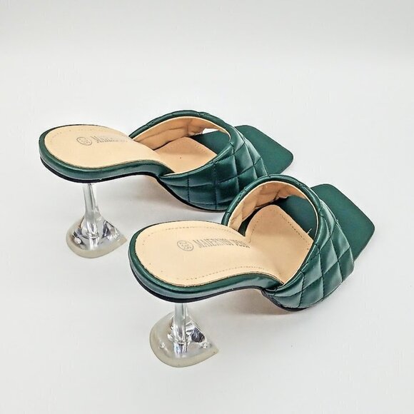 Maiernisi Jessi Green Quilted Square Open Toe Clear Heel Mules - Picture 5 of 8